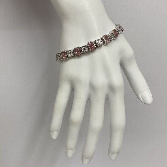 Hallmarked Sterling Cubic Zirconia Bracelet Clear & Pink‎ Stones 71/4" Long - Picture 1 of 5